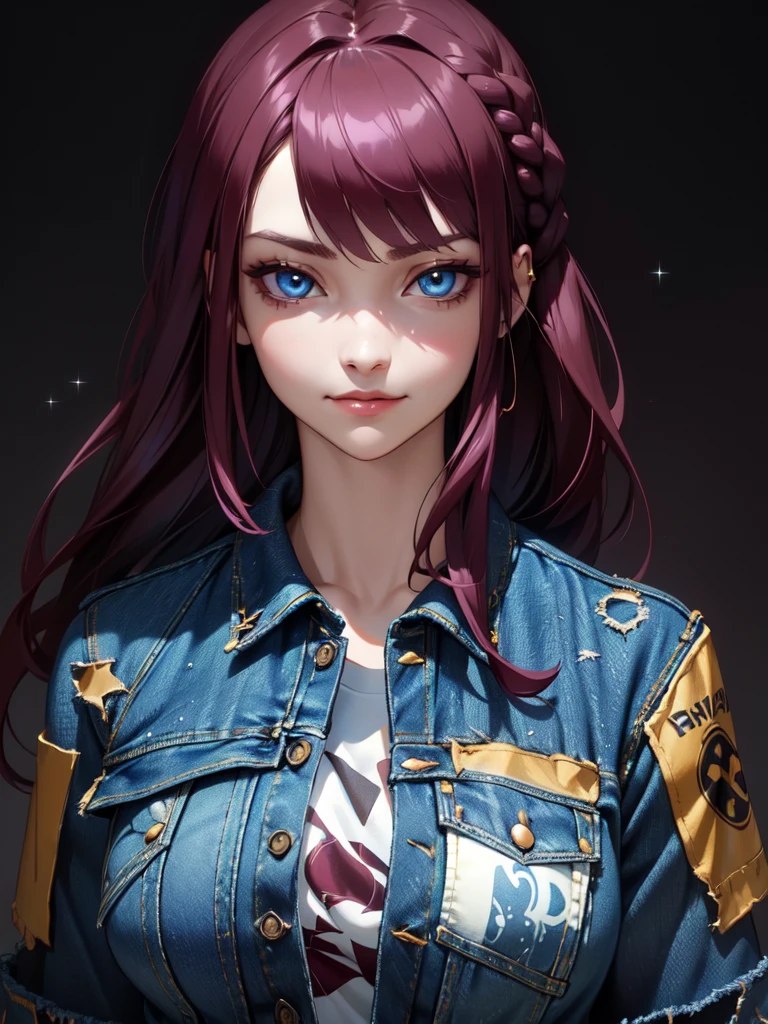 (((Portrait Photo))), She has the Appearance of a Determined and Enigmatic Teenager, with a Presence that Commands Respect. Her Long, Dark Burgundy Hair is Carefully Braided in Viking-Style and Falls Symmetrically to One Side of Her Face, Accentuating Her Piercing Gaze. Her Electric Blue Eyes Seem to See Beyond the Obvious, Charged with Deep Mystery. Her Expression is Serious and Focused, with a Slight Sparkle in Her Eyes that Gives Her an Aura of Elegance and a Friendly Attitude. (((Portrait Photo))), (((Dark Background))), (((Distressed Denim Jacket))), (((Denim Printed T-shirt))), (((Slightly Smile)))
