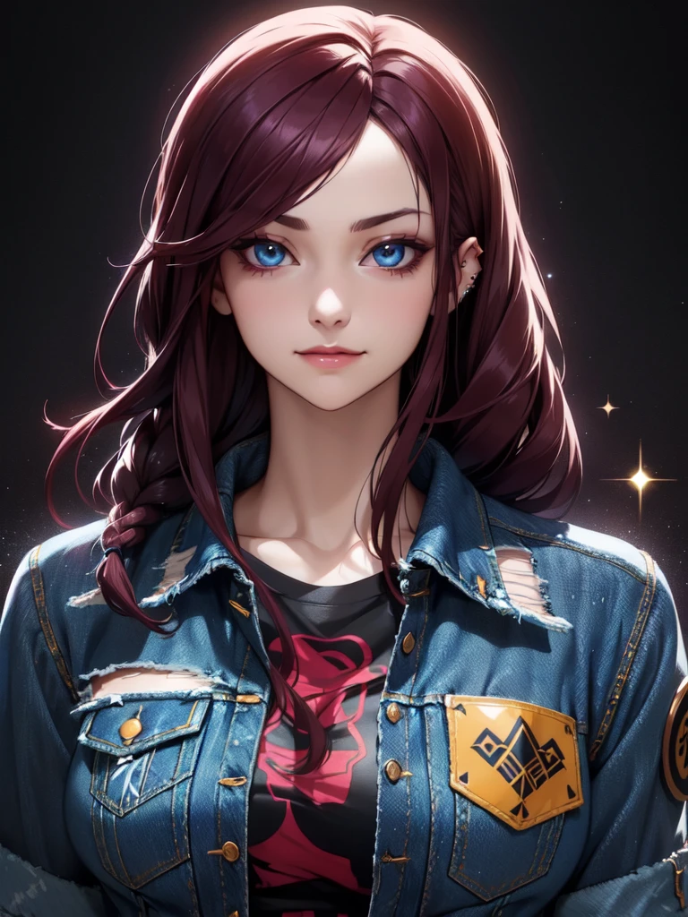 (((Portrait Photo))), She has the Appearance of a Determined and Enigmatic ager, with a Presence that Commands Respect. Her Long, Dark Burgundy Hair is Carefully Braided in Viking-Style and Falls Symmetrically to One Side of Her Face, Accentuating Her Piercing Gaze. Her Electric Blue Eyes Seem to See Beyond the Obvious, Charged with Deep Mystery. Her Expression is Serious and Focused, with a Slight Sparkle in Her Eyes that Gives Her an Aura of Elegance and a Friendly Attitude. (((Portrait Photo))), (((Dark Background))), (((Distressed Denim Jacket))), (((Denim Printed T-shirt))), (((Slightly Smile)))