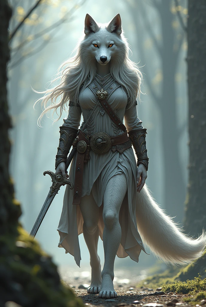 Très belle jeune louve anthropomorphe qui marche sur ses deux pattes arrières, avec des long cheveux, avec une belle fourrure grise sur tout le corps, portant une tenue de guerrière et une épée