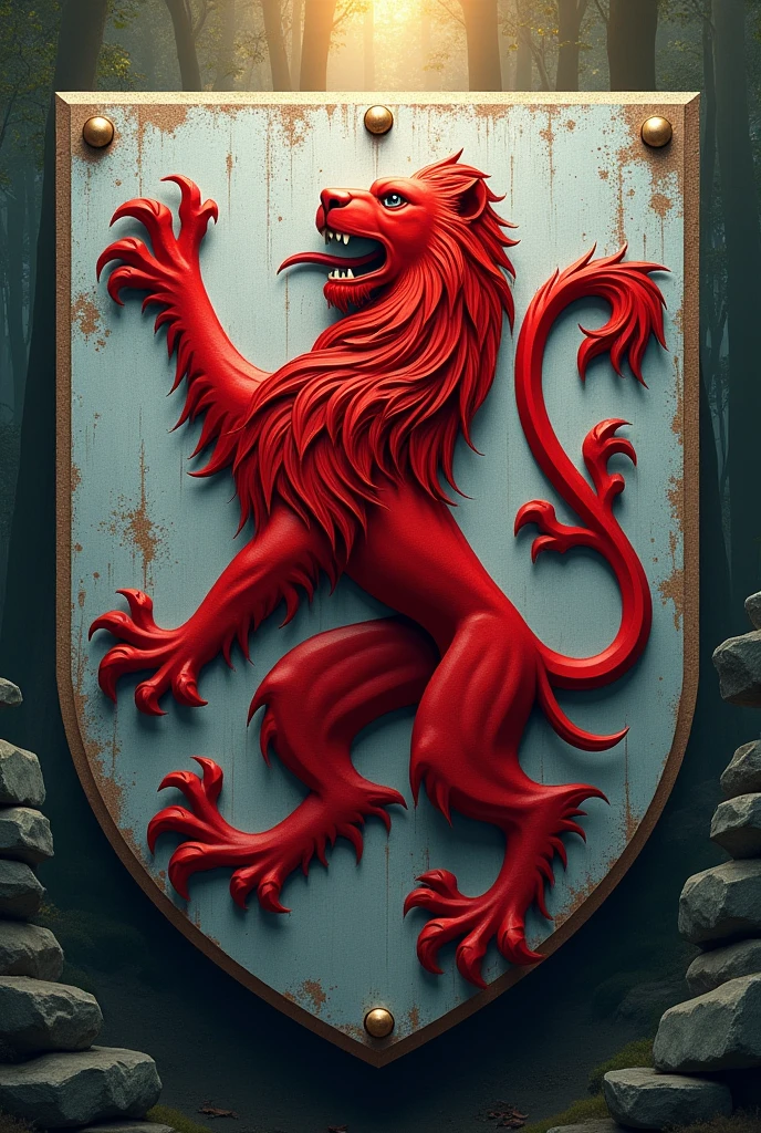 Blason de lion de gueules rampant sur un fond de couleur argent avec en fond une forêt de hêtres illuminée d'une lumière mystique et un dolmen composé d'une grande dalle de pierre horizontale reposant sur deux pierres verticales.