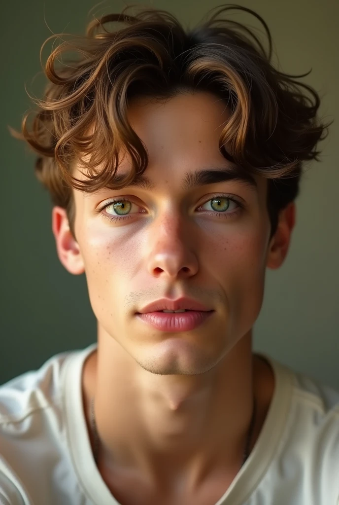 Young man short curly light brown hair and light green eyes