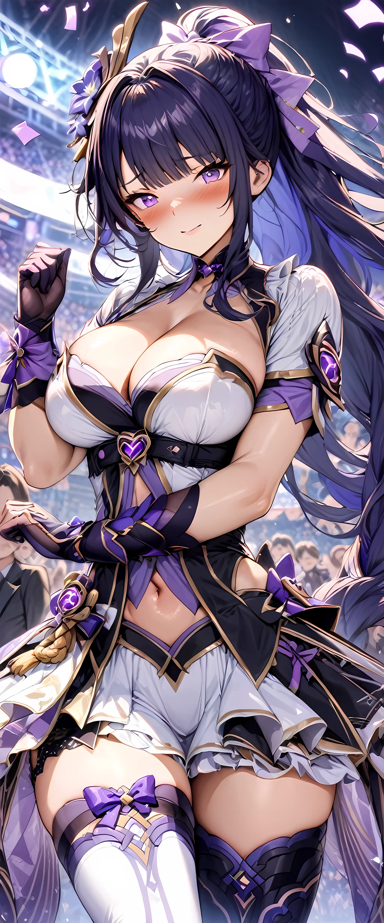 (masterpiece), best quality, expressive eyes, perfect face,1girl,(raiden shogun:0.7),genshin impact,idol,idol dress,purple idol costume,big breasts,cleavage,frilled dress,frilled skirt,showgirl skirt,curvy,long detached gloves,thigh high stockings,thigh strap,heel boots,blush,shy smile,cowboy shot,indoors,crowd,stage,confetti,idol pose,long hair,ponytail,heart choker,spoken heart