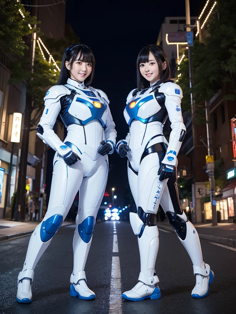 Japanese female android sisters,Black Hair,White and blue robot suit,Plump,Posing on an illuminated tree-lined street at night,smile,