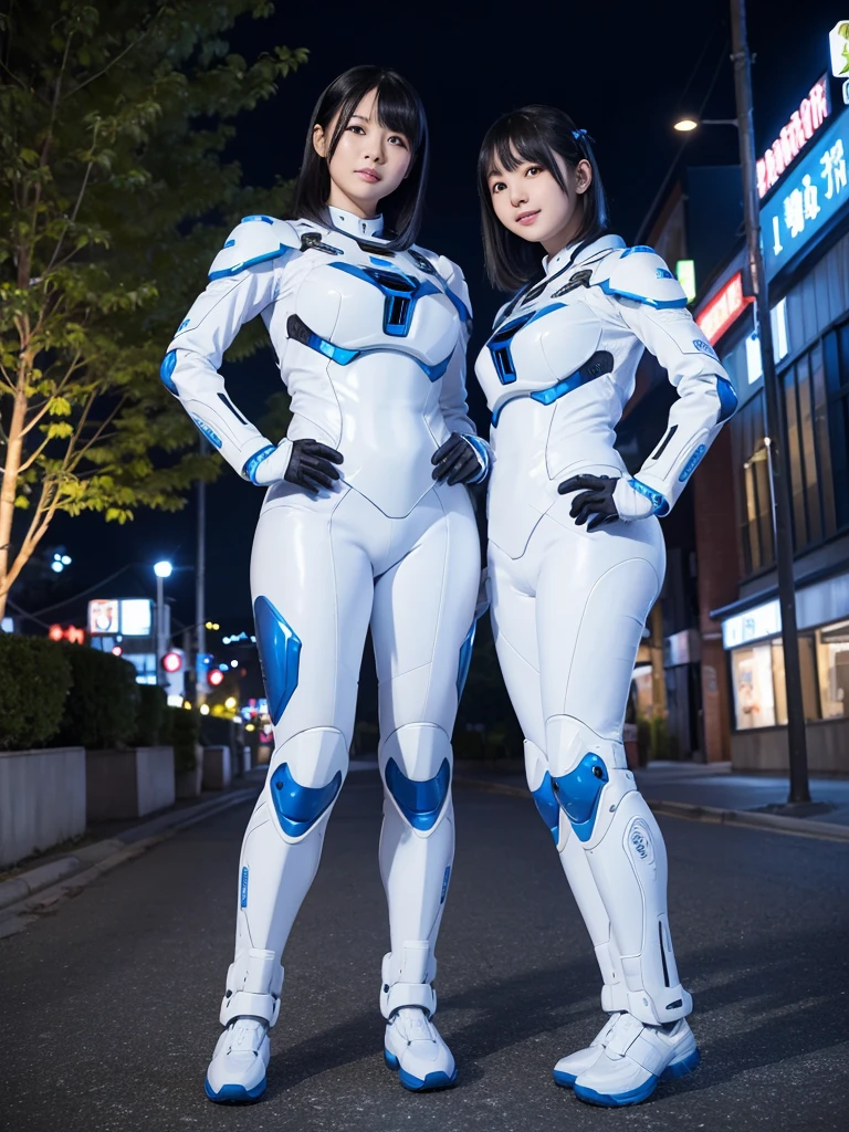 Japanese female android sisters,Black Hair,White and blue robot suit,Plump,Posing on an illuminated tree-lined street at night,smile,
