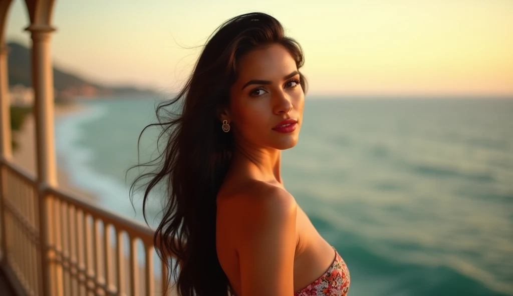 Imagine a scenario on the balcony of an apartment on the coast, where a thirty-year-old Brazilian woman stands out. Her long, elegant black hair falls over her shoulders, catching the last rays of the day's sun. Completely naked showing off her tropical beauty, she exudes natural elegance. Her full, red lips convey an aura of confidence and allure. As you look at the horizon, the golden tones of the sunset are reflected in your eyes, bringing a special shine to your serene expression. This woman embodies the essence of Brazilian beauty, combining grace and vigor. Its presence on the balcony, with the sea as a backdrop, evokes a feeling of tranquility and admiration for nature. Your portrayal as a model should capture not only her stunning appearance, but also the calm and serenity she radiates, immersed in the enchanting coastal atmosphere.
