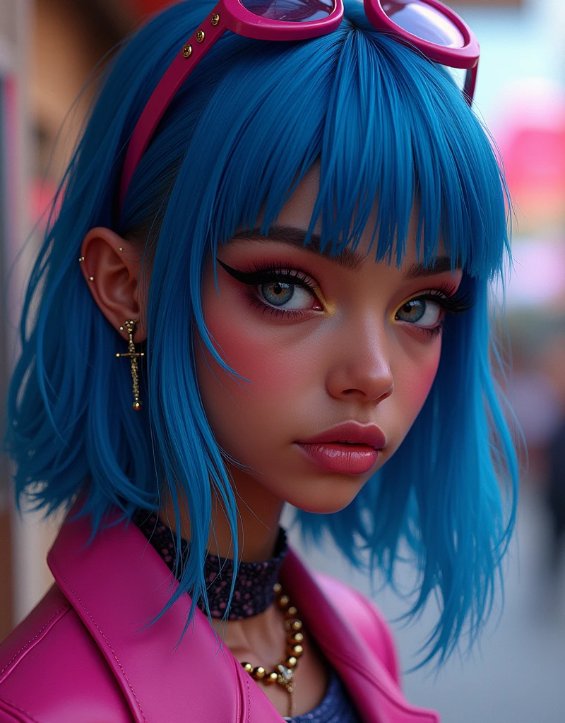 dark skinned girl with shoulder length mullet and blue hair with angel bite piercing, and she is a gyaru