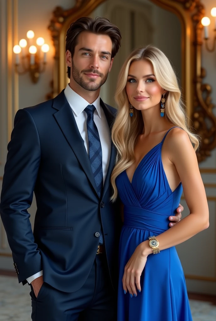 (Photorealism:1.2), man in a suit with a blue tie dark brown hair brown eyes and a woman with blonde green eyes long hair wearing a blue dress e unhas pintadas de azul at an elegant sorrindo 8k ultra realistic photorealistic super detailed the best possible