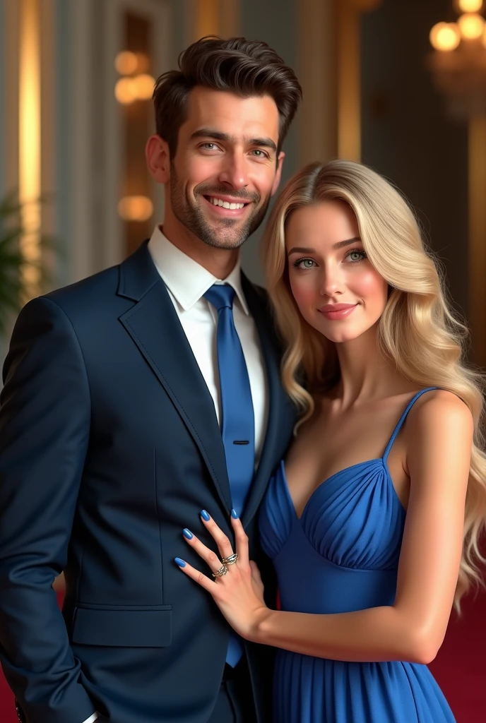 (Photorealism:1.2), man in a suit with a blue tie dark brown hair brown eyes and a woman with blonde green eyes long hair wearing a blue dress e unhas pintadas de azul at an elegant  sorrindo 8k ultra realistic photorealistic super detailed the best possible 