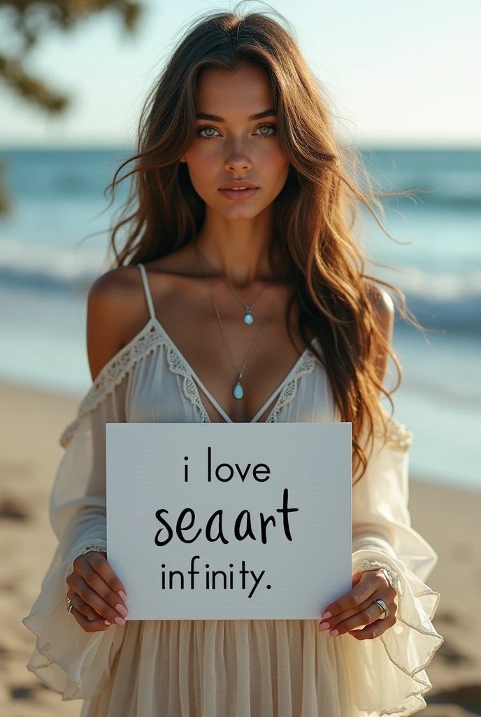Beautiful girl with wavy long hair, bohemian dress, holding a white board with text "I Love Seaart Infinity" and showing it to the viewer