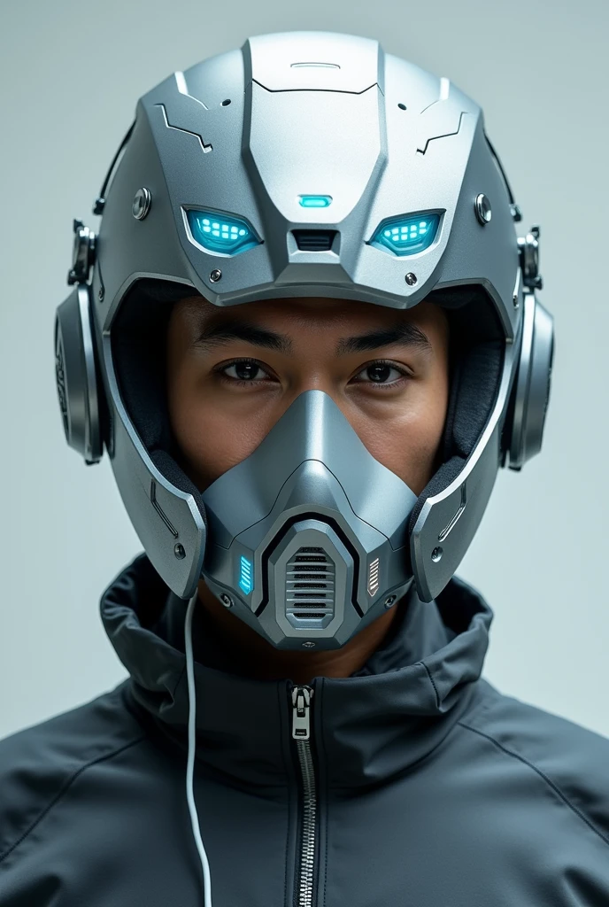 1 man, silver motorcycle helmet, snorkeling mask, portrait close up. Silver two pipe tube from mouth to head. Future design.. high tech. Wear google safety eyes glowing blue. The tube connect from head to mouth. Future headphone design blue led light detail. Starlord helmet design concepts. Very detail . High tech costume. Marvel. shape on the helmet. KAMEN RIDER.
