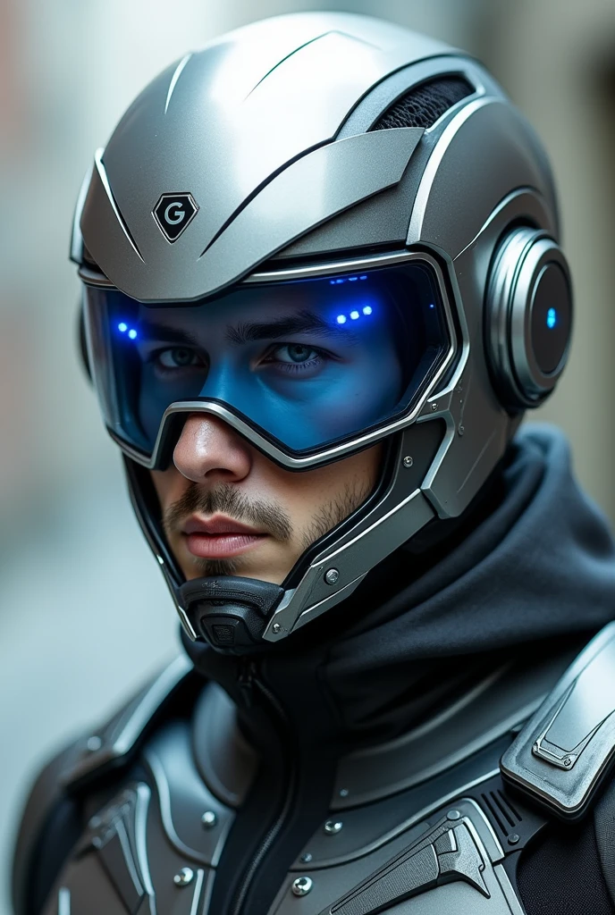 1 man, silver motorcycle helmet, snorkeling mask, portrait close up. Silver two pipe tube from mouth to head. Future design.. high tech. Wear google safety eyes glowing blue. The tube connect from head to mouth. Future headphone design blue led light detail. Starlord helmet design concepts. Very detail . High tech costume. Marvel. shape on the helmet. KAMEN RIDER.
