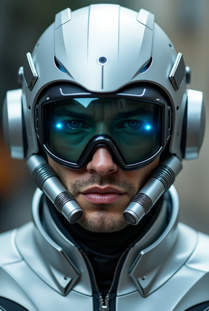 1 man, silver motorcycle helmet, snorkeling mask, portrait close up. Silver two pipe tube from mouth to head. Future design.. high tech. Wear google safety eyes glowing blue. The tube connect from head to mouth. Future headphone design blue led light detail. Starlord helmet design concepts. Very detail . High tech costume. Marvel. shape on the helmet. KAMEN RIDER.
