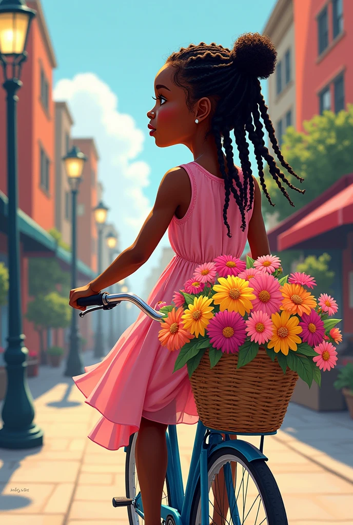 Drawing of a black child, from sideways, pink dress and braids in her hair, riding a bike with a basket full of flowers in the city