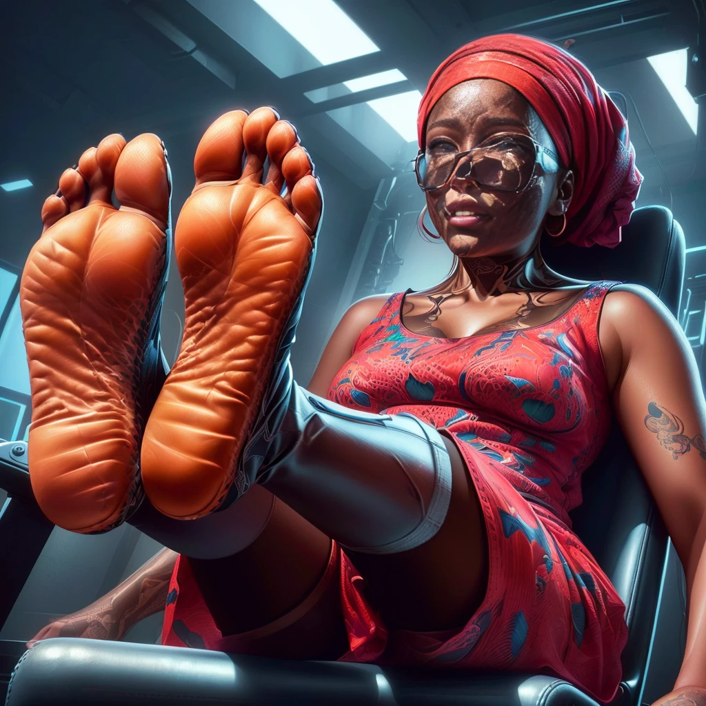 There is a woman sitting on a chair with her feet up, hyperrealistic illustration, hyperrealistic illustration, ultra realistic illustration, Stunning works of art, ultrarealistic illustration, Direction: Patrick Brown, photorealistic illustration, ultra realistic 3d illustration, extremely detailed woman, hyperrealistic digital painting, beautiful digital art, highly realistic digital art, photorealistic digital painting