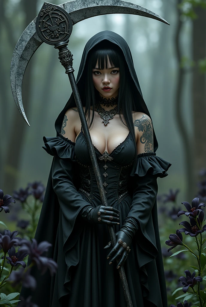 ((grim Reaper))、young woman、(Beauty)、Japanese、cute、1、Idol、韓国Idolの様にcute、Sexy Costumes、Belly button、((He carries a scythe as big as he is.))、grim Reaperの鎌、Death Scythe、Background black lilies、Tattoo、(best quality,4K,8k,highres,masterpiece:1.2),ultra-detailed,(realistic,photorealistic,photo-realistic:1.37),HDR,uhd,studio lighting,ultra-fine painting,sharp focus,physically-based rendering,extreme detail description,professional,vivid colors,bokeh,cinematic lighting,dramatic shadow,