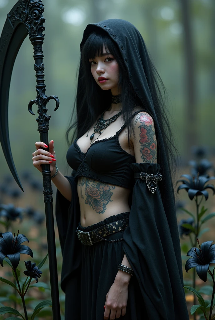 ((grim Reaper))、young woman、(Beauty)、Japanese、cute、1、Idol、韓国Idolの様にcute、Sexy Costumes、Belly button、((He carries a scythe as big as he is.))、grim Reaperの鎌、Death Scythe、Background black lilies、Tattoo、(best quality,4K,8k,highres,masterpiece:1.2),ultra-detailed,(realistic,photorealistic,photo-realistic:1.37),HDR,uhd,studio lighting,ultra-fine painting,sharp focus,physically-based rendering,extreme detail description,professional,vivid colors,bokeh,cinematic lighting,dramatic shadow,