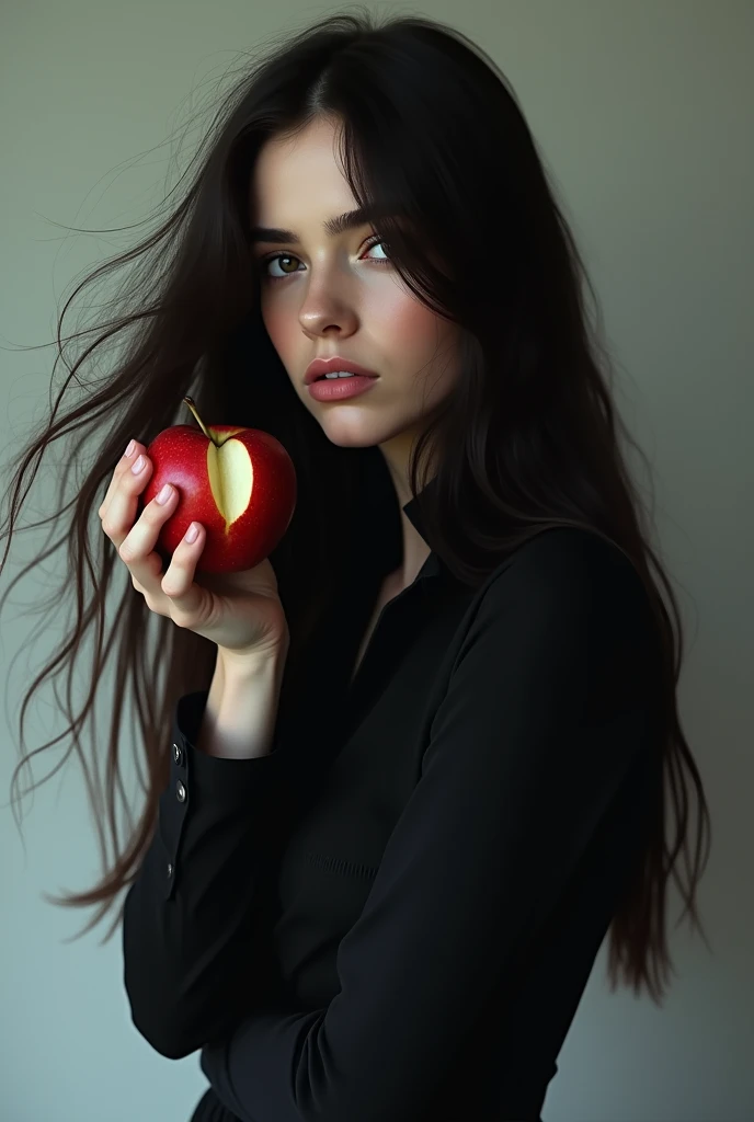 Dark hair lady with nordic features standing up from behind holding a bitten red apple