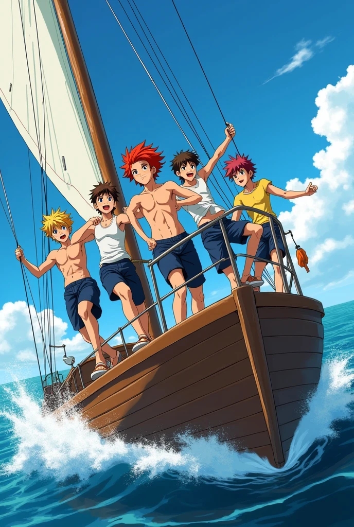 5  Males on a Boat, anime style toei animation Make one of them blonde, Red-Haired, brown, all 19/