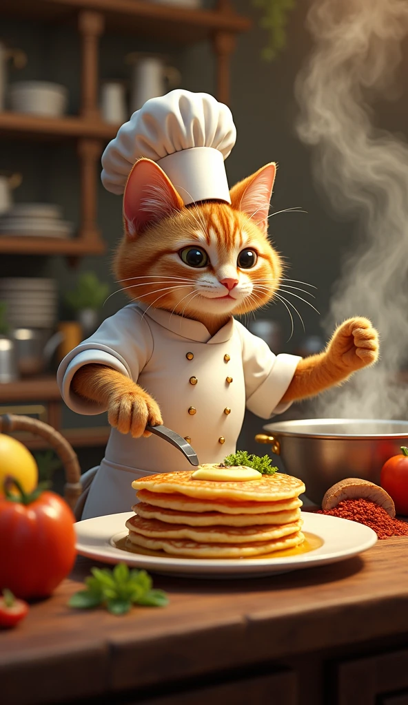 Cat Chef in a Gourmet Kitchen: A cat standing on its hind legs, wearing a chef’s hat and apron, skillfully flipping pancakes in a luxurious, realistic kitchen. The kitchen is filled with vibrant ingredients like fresh fruits, vegetables, and spices. Steam rises from various pots and pans, and the scene has a warm, animated feel with lifelike details that give it a surreal, yet realistic charm