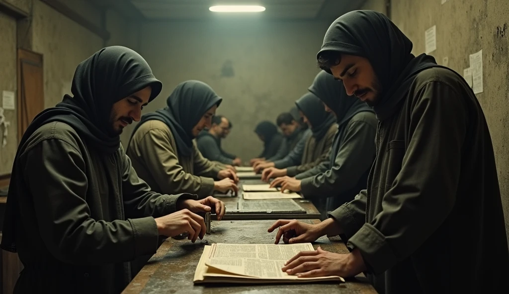 An old photograph showing an underground printing press during the revolution. The dimly lit room is filled with young Iranian revolutionaries, both men and women with hijabs, working tirelessly to print pamphlets and newspapers. The old printing machines are in motion, and the image captures the sweat and ink-stained hands of the workers, their faces filled with determination. The grainy texture of the photo reflects the low light conditions and the cameras of that era.