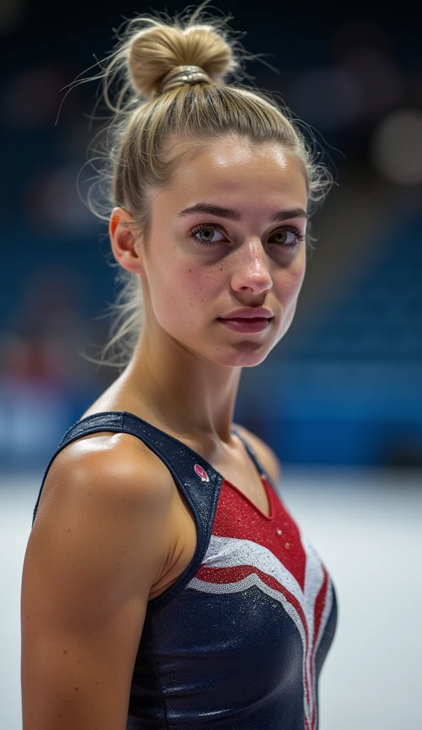 Masterpiece, (full body shot:1.2) of a beautiful American Artistic Gymnastics 18 years athlete wearing a gymnastics leotard, slim athletic body, medium breasts, runners legs, full frontal view, she is standing in a relaxed pose before competition starts at the US Gymnastics Classic championship in July 2017, thin beautiful face, freckles on face, semi long light blonde hair in a bun, hazel eyes, medium breasts, focused face, a gymnastics indoor stadium in the background, 16K, ultra high res.photorealistic, UHD, RAW, DSLR, natural lighting, high detailed face, ultra realistic face, full body shot, head to toes