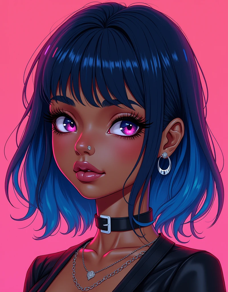 dark skinned girl with shoulder length mullet and blue hair with angel bite piercing, and she is a gyaru