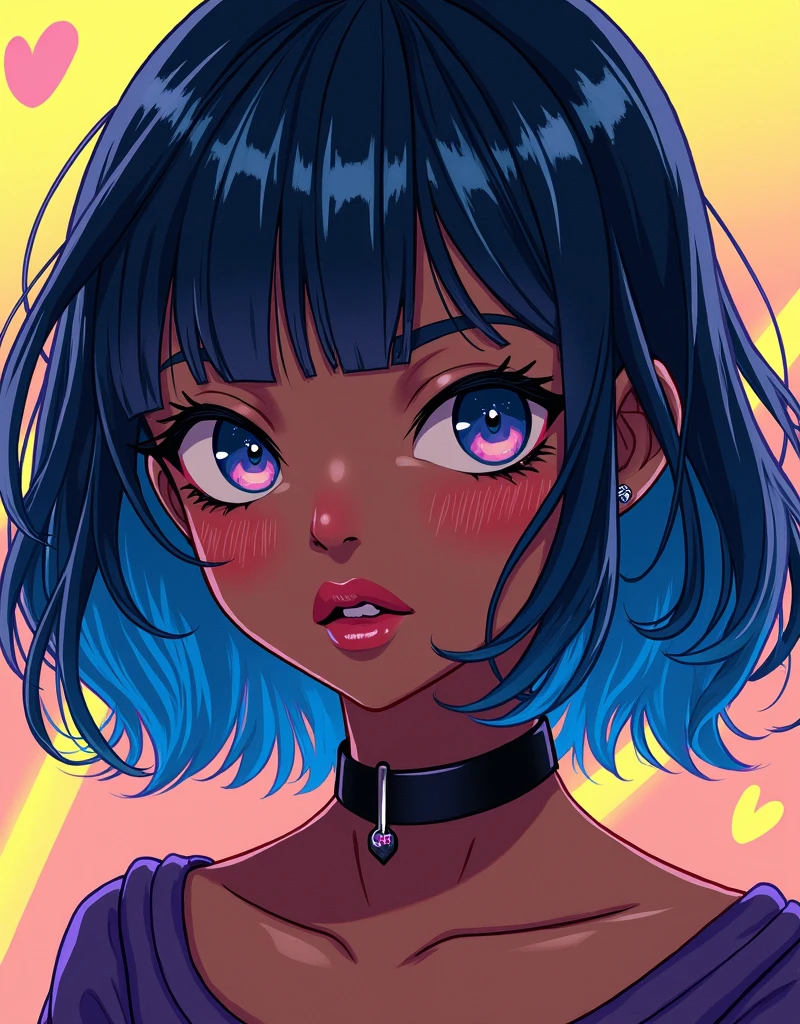 dark skinned girl with shoulder length mullet and blue hair with angel bite piercing, and she is a gyaru
