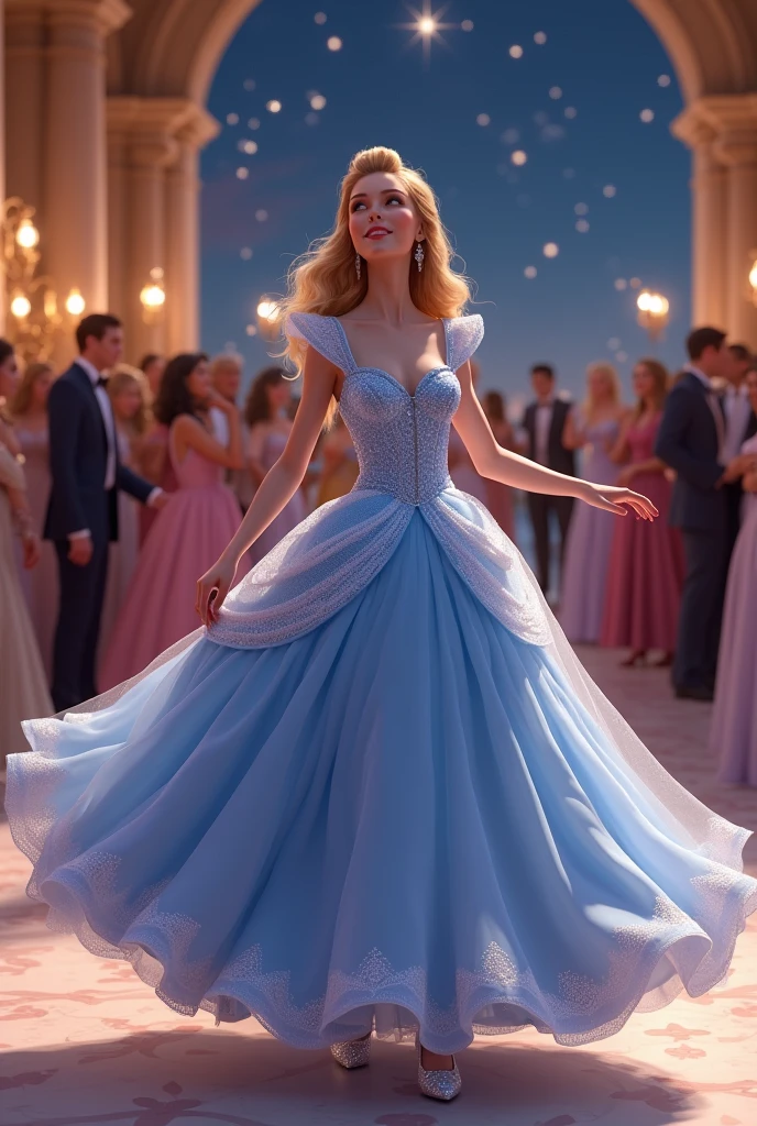 Create a realistic portrayal of Cinderella in a modern setting, depicting her as a confident and elegant young woman attending a glamorous ball. Capture the intricate details of her gown, the sparkle of her glass slippers, and the radiance of her expression as she dances under the starlit sky.