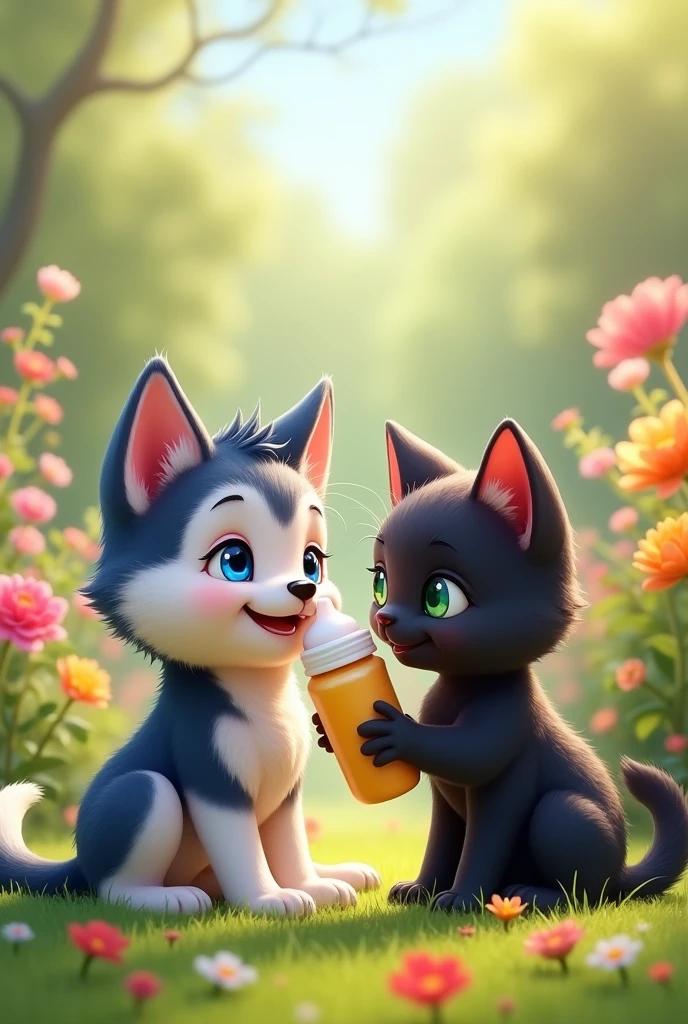 Blue eyed baby husky taking bottle lying in garden happily,with a black baby cat drinking a bottle with green eyes,with colorful flowers spread throughout the garden 