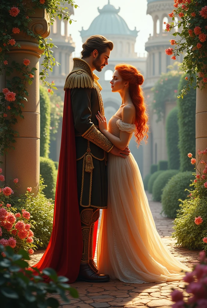 a prince and a red-haired commoner in a castle with a beautiful garden in the background.