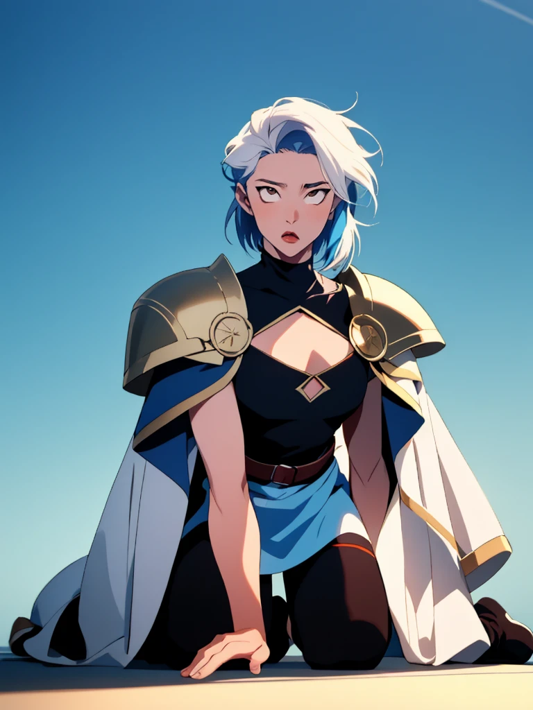 androgynous anime femboy, anime traits, sky blue haired femboy, shoulder-length hair, light blue hair the color of the sky, girl in magic warrior outfit, sensual girl, sexly, woman is kneeling on the floor, plain color background for cutting, Girl kneeling on the floor, white clothes of magical warriors in the style of Final Fantasy X characters, garota sexly, , decote sexly, fantasy style clothes, femboy sexly, simple single color background, sensual clothes, Cheeks red, making faces, tongue out