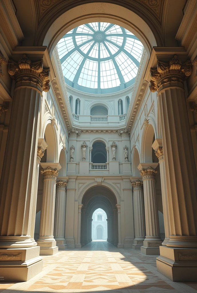 A large hall in the middle of a medieval city made of white and beige stone, the hall has four large decorated pillars around it and in the center a large glass dome