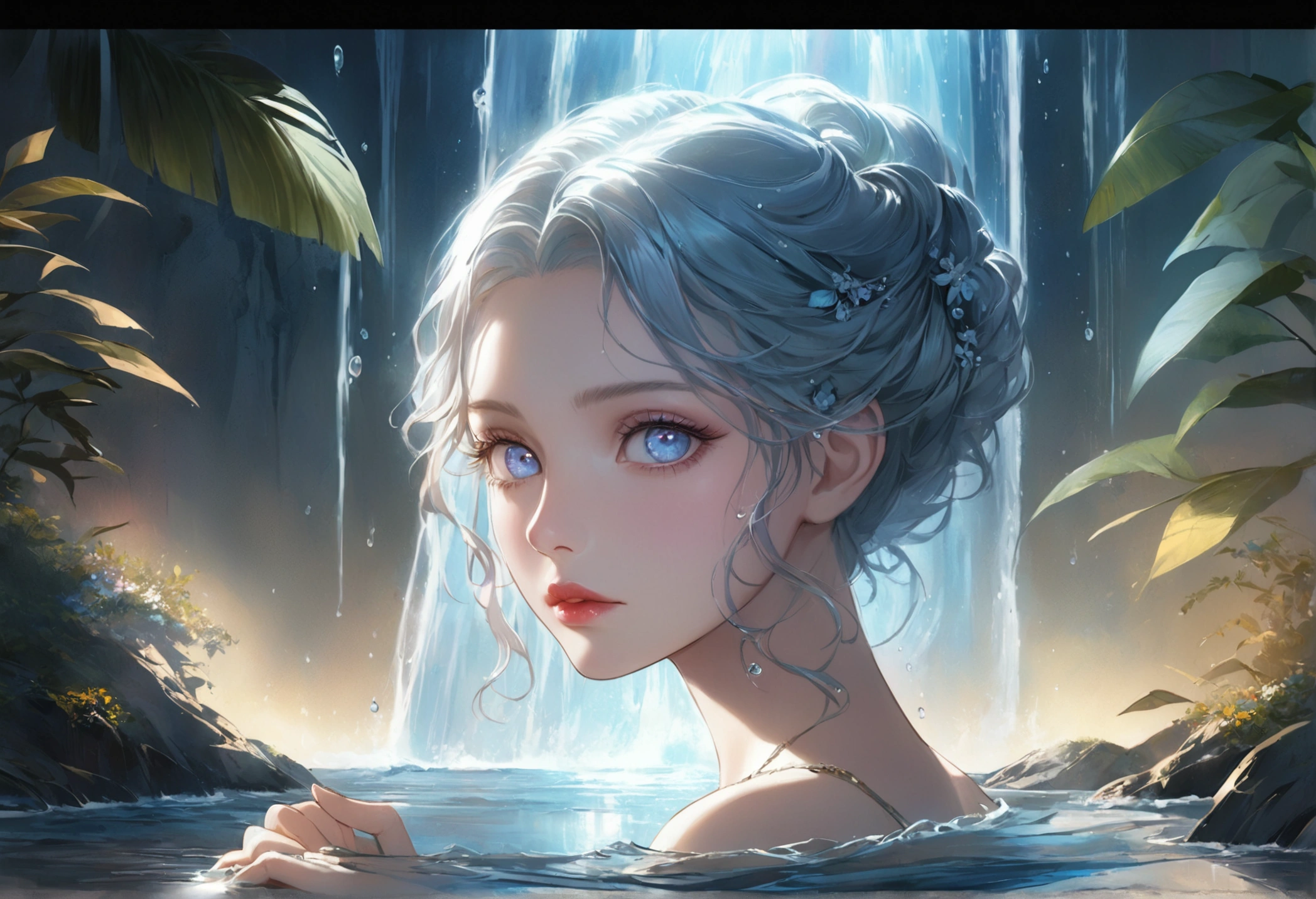 waterfall scenery, bright canvas, The waves are swirling, Transparent holographic reflection, Surreal landscape created by water droplets, Leaves viewers speechless, A beautiful world, 1 british woman, detailed eyes, detailed lips, very detailed face, long eyelashes, Beautiful and detailed portraits, elegant, tranquil expression, summer, high quality, 8k, realistic, surrealist, studio lighting, Physically Based Rendering, vivid colors, movie lights, dramatic lighting, soft lighting, dramatic contrast, clear, ethereal, dreamlike, mysterious, magical, fancy, concept art