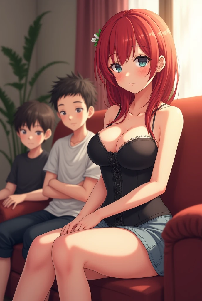 (anime style:1.2), mature woman, housewife, The anime girl is sitting on the sofa, group of boys ,They are watching TV, Comfortable clothes, corset, short skirt, Sculptural body, Red hair, soft bust:1.9, joined, Environment, perfect legs:1.8,  relaxed pose, anime, intricate details, warm colors, Familiar, Close up, Home, Gratitude, 