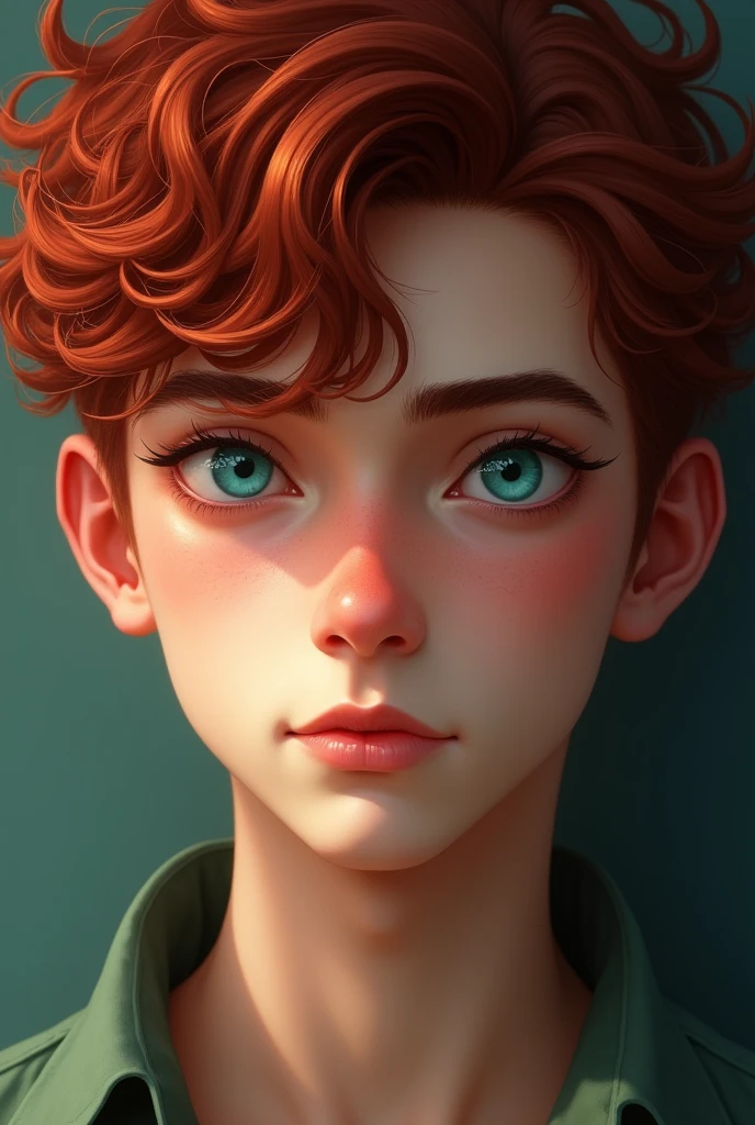 Young man short curly dark red hair and blue green eyes