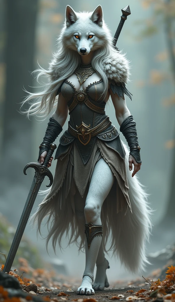 Très belle jeune louve anthropomorphe qui marche sur ses deux pattes arrières, avec des long cheveux, avec une belle fourrure grise sur tout le corps, portant une tenue de guerrière et une épée