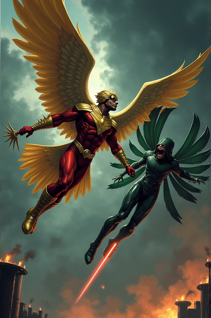 I want an illustration of Hawkman, the dark-skinned African-American falcon man Aldis Hodge with his helmet with small wings, golden torso, on his back he has his golden falcon wings and his golden boots and red pants and his mace with a golden spiked ball flying through the sky to come face to face with a soldier parallel to Darkseid with a shiny dark green suit and hood, round goggles and lilac skin on his face and lilac hands and fangs, with a laser beam in his hand and on his back he has six cicada wings that fly through the sky where there are black clouds and black chimneys that throw fire