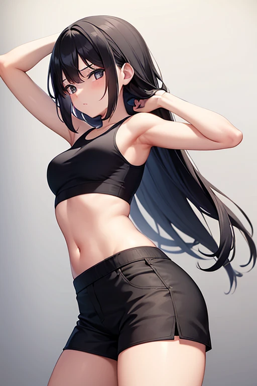 A girl, Wearing black shorts, long black hair, neat body, doing a pose