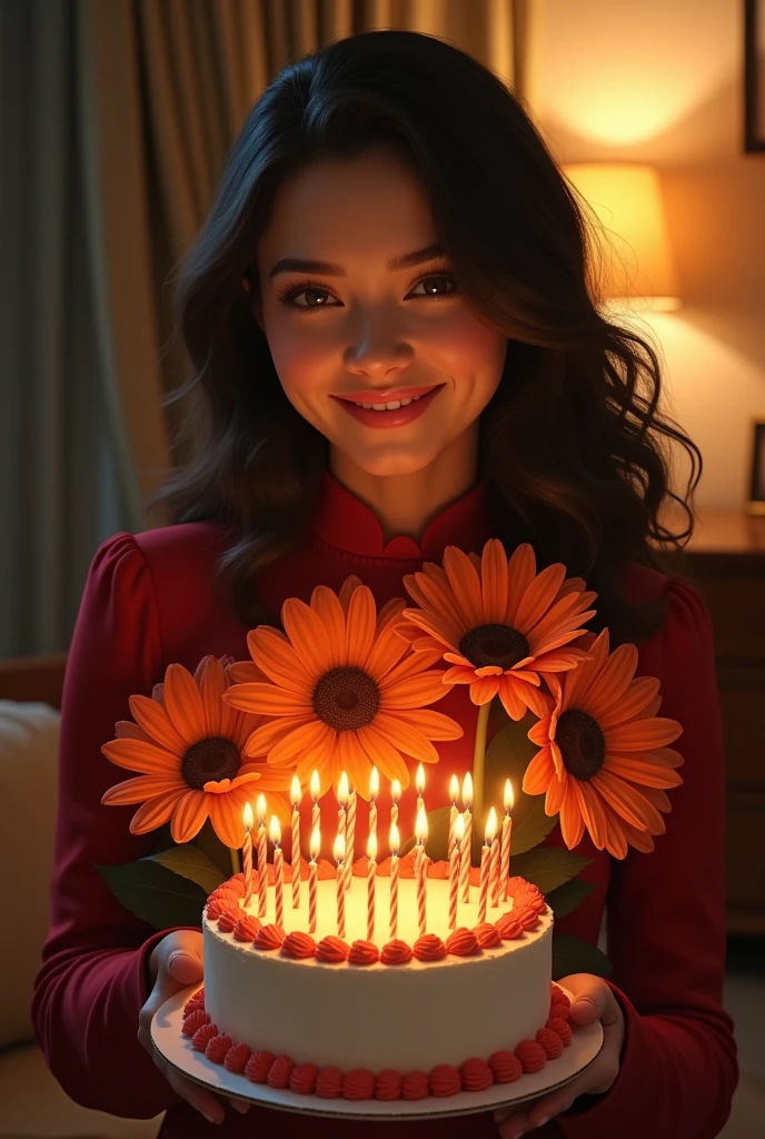 The beautiful young face women sitting in a dark living room with some warn yellow lights and his cut the cake on the cake 20 latter number candle and another hand she's holding a big flower bouquet and she face full of happiness with big smile she waring a red dress with full sleeve and covered nack dress