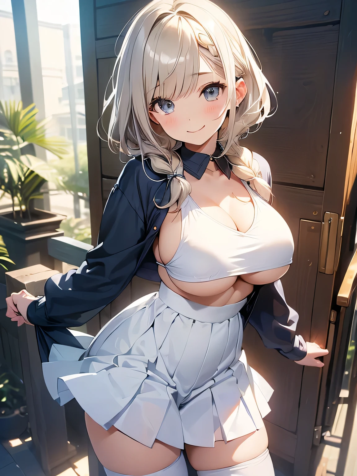 Highest quality、High resolution、Detailed Background、(Beautiful face in every detail:1.4)、Anatomically correct、Normal number of fingers、Highly detailed face、(Detailed eyes)、age beauty、(Huge breasts:1.2)、Perfect body line、Light color hair、Braided bob cut、ponytail、cute hairstyle、well-groomed eyebrows、Shiny navy blue sailor suit、White sailor collar、Checkered pleated mini skirt、White Pantyhose、Accentuate your breasts、Accentuate your cleavage、Show your side、(underboob:1.3)、Cute gestures、A big smile、
(Close up of girl's underwear from below on train:1.5)、Panty Shot、cute