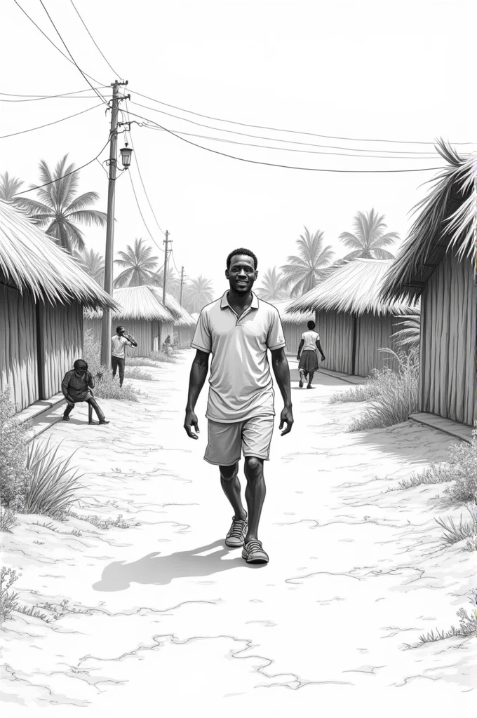 Draw a shot of a stealthy camera movement of a very simple black and white hand drawing of a storyboard of a man going to a wrestling ground a Nigerian village setting
