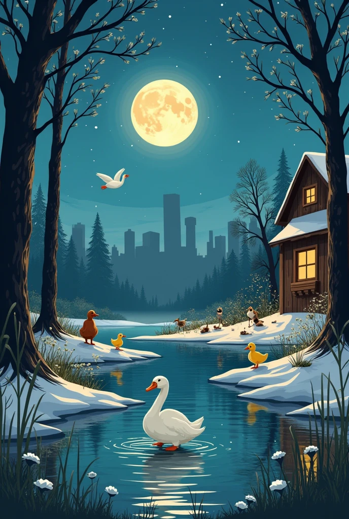 Image for each scene of each story

### **The Ugly Duckling**

1. **The Ugly Duckling en la Granja**
   - **Description**: Draw an ugly duckling in the middle of a farm. around, draw other ducks with neater feathers and a barn with a window. Includes some trees and a small pond.

2. **The Ugly Duckling Naciendo**
   - **Description**: Draw a broken egg on the ground with an ugly duckling coming out of it. Add a mother duck and other ducklings around her. The background can be a nest or a field.

3. **The Ugly Duckling en el Estanque Congelado**
   - **Description**: Draw a pond covered in ice with the ugly duckling trying to walk on it. Add some bare trees and piles of snow around the pond.

4. **The Ugly Duckling Descubriendo su Reflejo**
   - **Description**: Draw a puddle of water with the ugly duckling looking at his reflection. Draw the duckling with a larger and more elegant body in the reflection, with a background of meadow and flowers.

5. **The Ugly Duckling entre los Pájaros Silvestres**
   - **Description**: Draw the ugly duckling already transformed into a swan, surrounded by other swans and birds on a lake. Add some aquatic plants and trees in the background.

6. **The Swan with his New Family**
   - **Description**: Draw the swan (former ugly duckling) swimming happily in a lake with a family of swans. It includes a natural landscape with trees and flowers around the lake..

### **Peter Pan**

1. **Peter Pan at the Darling House**
   - **Description**: Draw Peter Pan volando en el dormitorio de los Darling, con Wendy, John and Michael looking at him in amazement. Add an open window showing the starry sky and some furniture in the room.

2. **Peter Pan and the Flying Darling Children**
   - **Description**: Draw Peter Pan, Wendy, John and Michael flying over a city with buildings and lights. The background may show a city at night with stars and a moon.

3. **The Battle with Captain Hook**
   - **Description**: Draw P