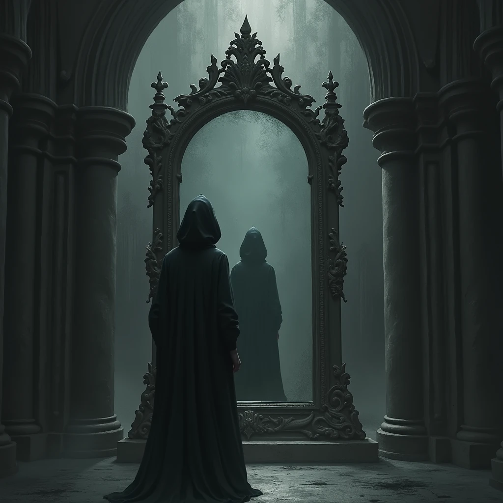 Design a image inspired by 'Lucretia My Reflection' by The Sisters of Mercy. The image should explore themes of identity and darkness, featuring a mirror with a dark, enigmatic figure reflected within it. Surround the mirror with gothic architectural elements, like arches and columns, in a dimly lit environment. Use a muted color palette of greys, blacks, and silver tones to create a sense of mystery and introspection.