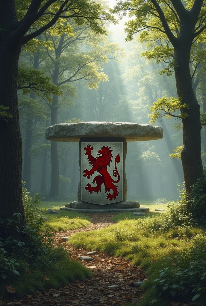 Blason de lion de gueules rampant sur un fond de couleur argent avec en fond en plan large, une forêt de hêtres illuminée d'une lumière mystique et un dolmen composé d'une grande dalle de pierre horizontale reposant sur deux pierres verticales.