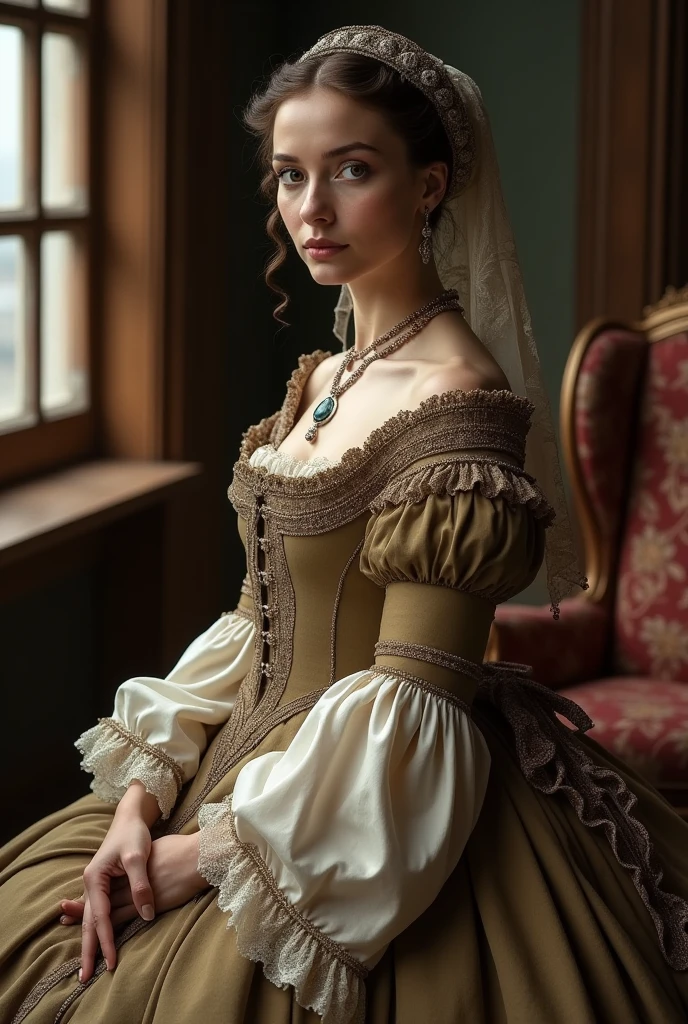 Clothing and Style: The woman described could be dressed in typical Renaissance clothing., which include a long, fitted dress, with voluminous skirts and a bodice. Fabrics would be rich and could include velvet., silk or brocade, often in sober or pastel colors. The sleeves would be wide and decorated, and the clothing would be adorned with embroidery or lace.
Appearance: She would have an elegant and refined posture. The hair could be tied up in an elaborate hairstyle or covered by a decorative veil or headdress.. Faces in paintings of the time often showed fair skin., with delicate and well-defined facial features.
Accessories: She probably wore discreet accessories., like thin necklaces, earrings or a small tiara, maintaining the simplicity and elegance typical of the period.
Expression and Accommodations: Her expression could reflect a mixture of serenity and introspection, compatible with the themes of the work. She could also be in an environment that suggests wealth and sophistication., like a room with refined furniture or a well-kept garden.
