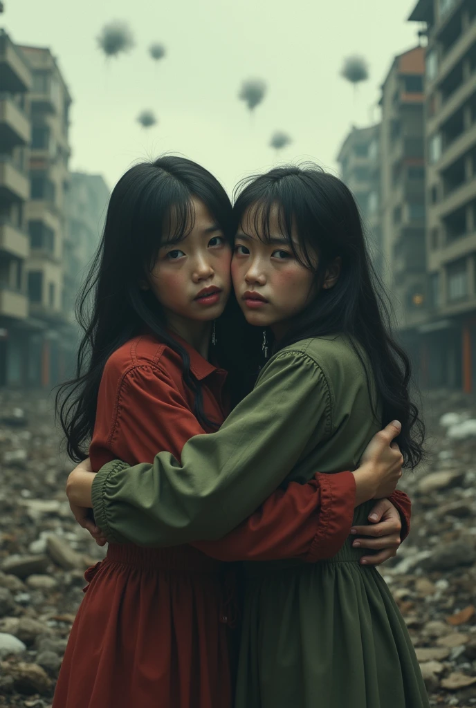 Identical twin sisters hugging each other in fear、2024;masterpiece, Better Quality, High resolution, ((Photorealistic:1.4, RAW Photos, 超High resolution,Best image quality: 1.4)), ((Upper body 1.5)), Beautiful attention to detail, Natural color lip, (masterpiece, Highest quality) Destroyed city (Hanoi)Two sad girls looking up(close); Bombs falling from the sky.