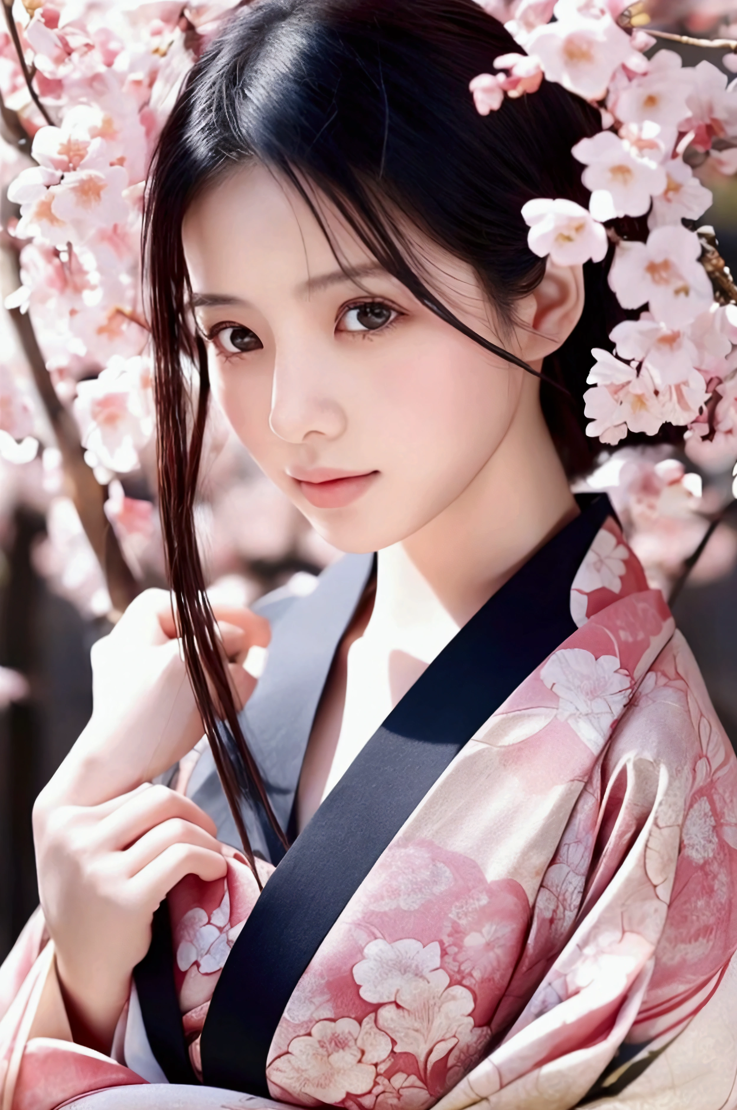 Realistic photos, Beautiful Eyes, Flowing black hair, Elegant kimono, Cherry blossom background, Traditional folding fan, Calm expression, Soft lighting, Traditional Japanese art style, Vibrant colors, Peaceful atmosphere, Delicate features, Graceful posture