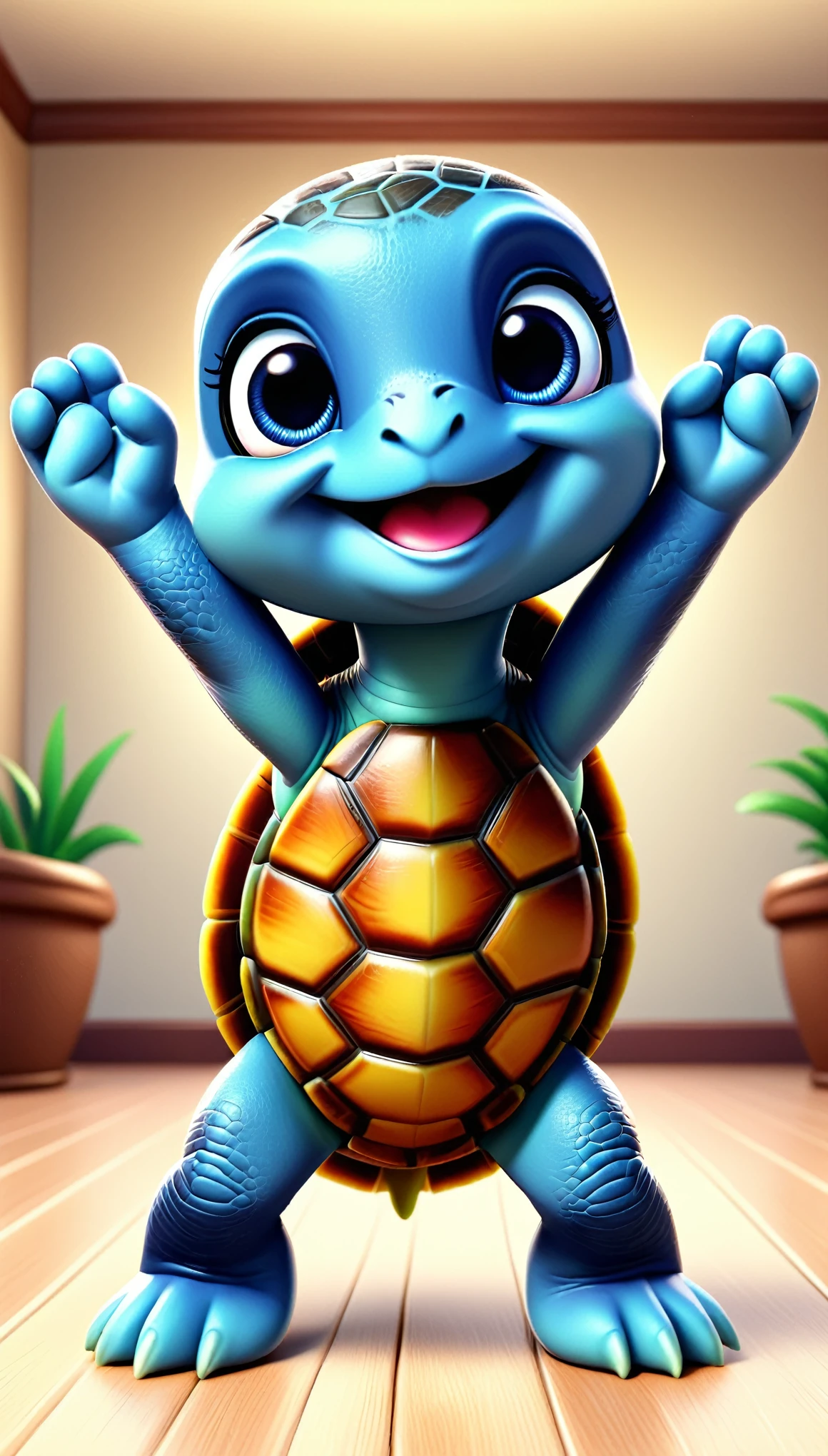 cute turtle, cartoon , arms up, hands ,cute eyes, looking at viewer, cute, straight, room, flawless, detailed, blue skin