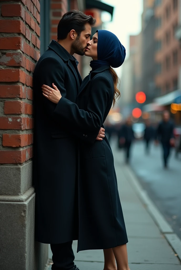Navy blue headscarf on the street, black long closed coat, barefoot, Sexy skinny woman leaning her back against the wall. Kissing with the man.