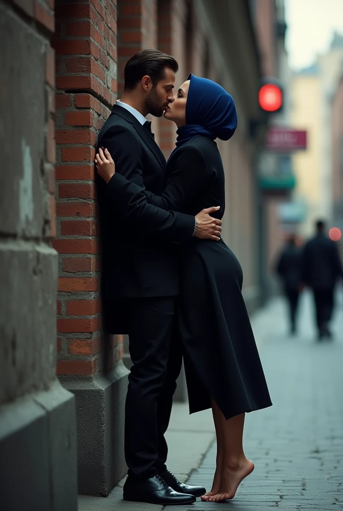 Navy blue headscarf on the street, black long closed coat, barefoot, Sexy skinny woman leaning her back against the wall. Kissing with the man.